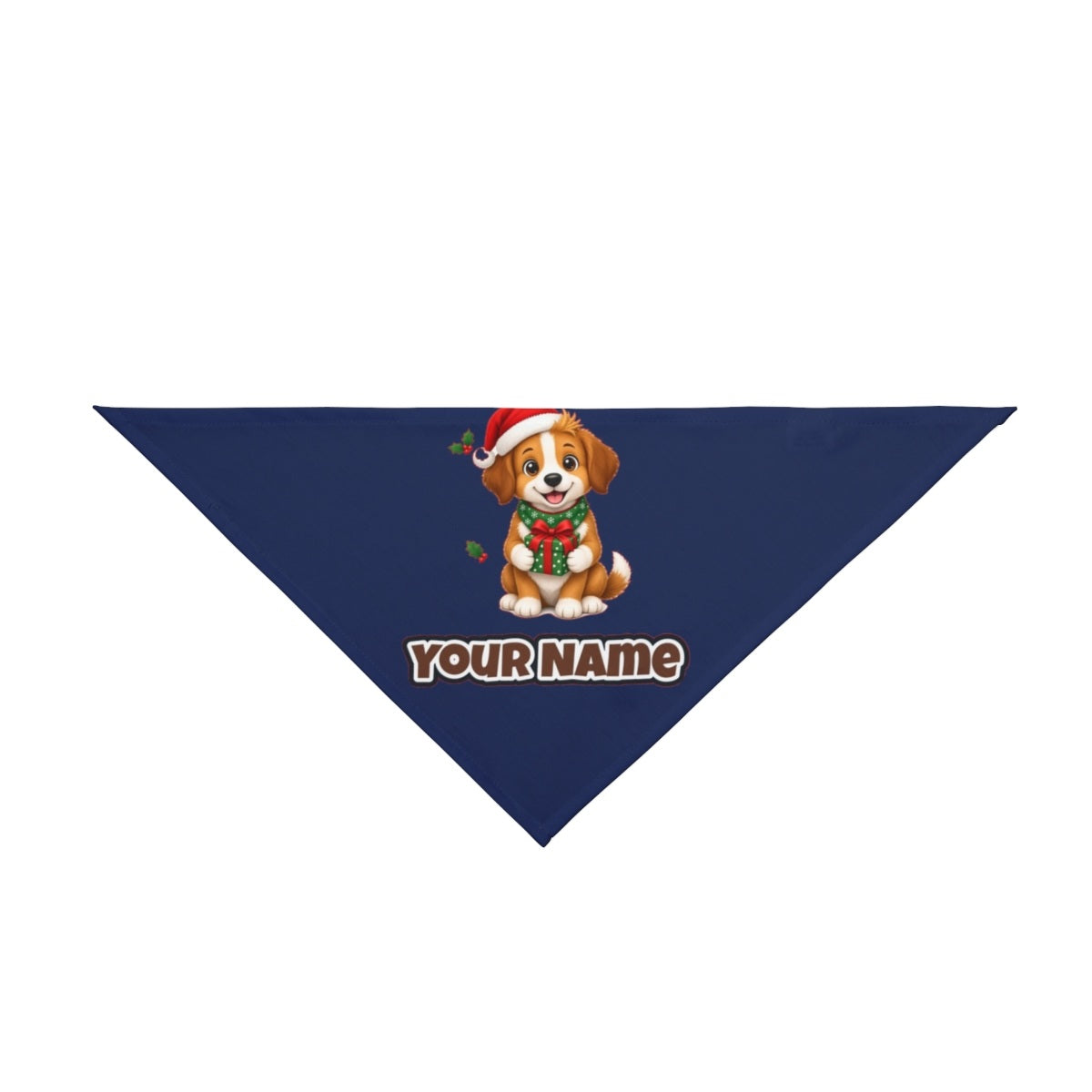 Puppy with Christmas Present personalised Christmas pet bandana in navy, tie-on style