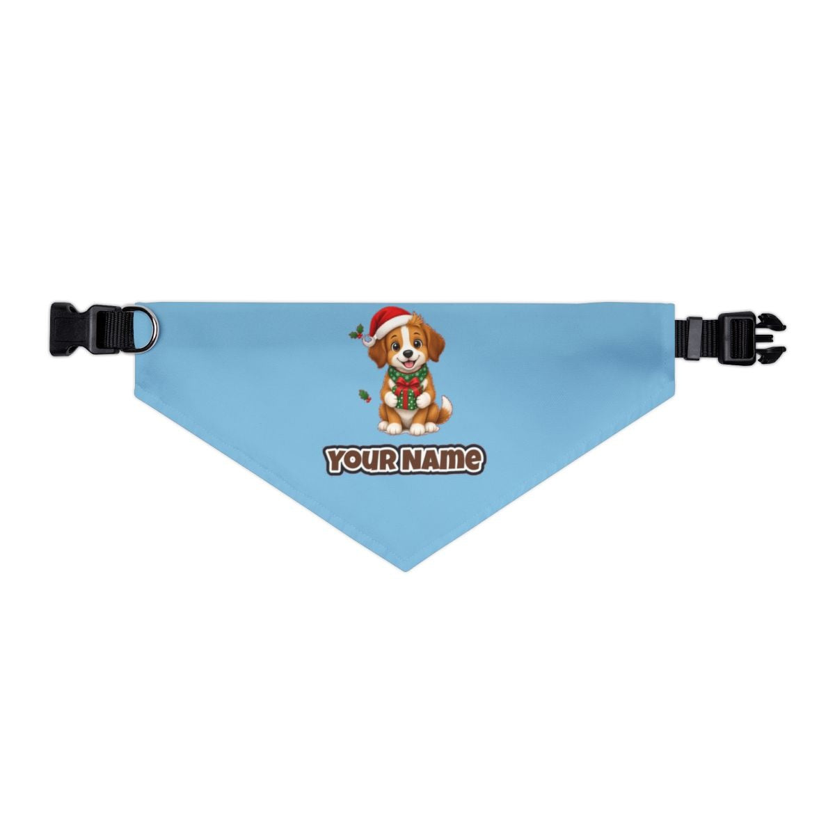 Puppy with Christmas Present personalised Christmas pet bandana in sky blue, collar with buckle