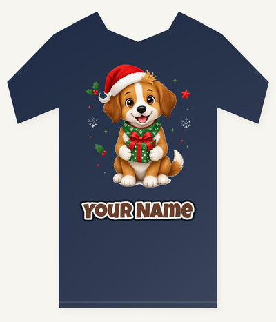 Puppy with Christmas Present Personalised Kids Tee and Baby Bodysuit