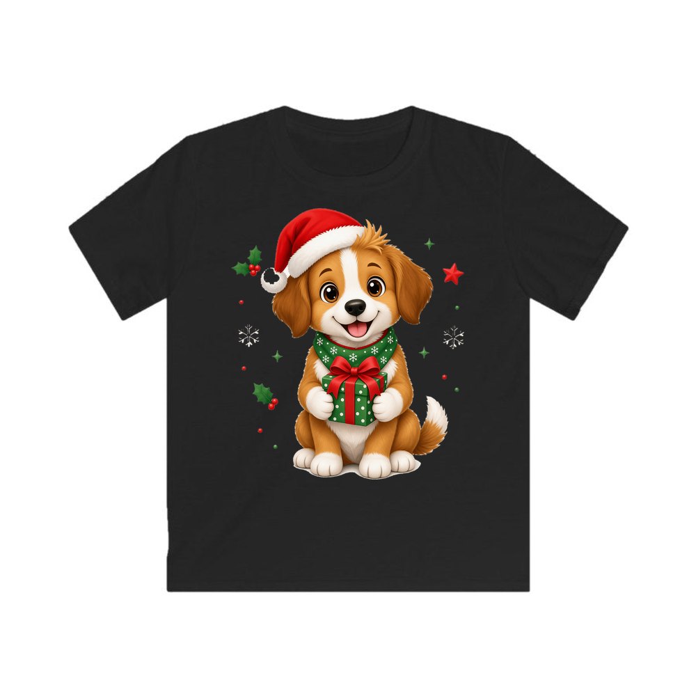 Puppy with Christmas Present personalised kids Christmas tee in black