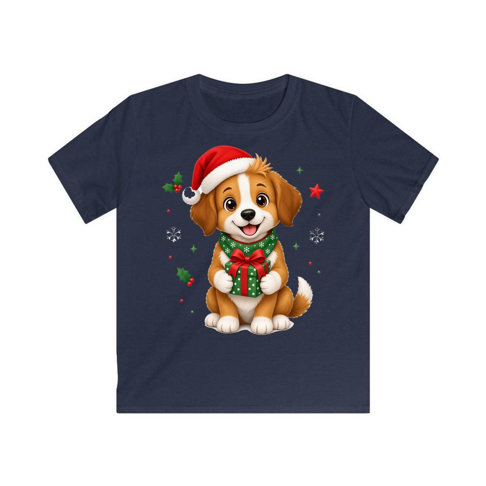 Puppy with Christmas Present personalised kids Christmas tee in navy