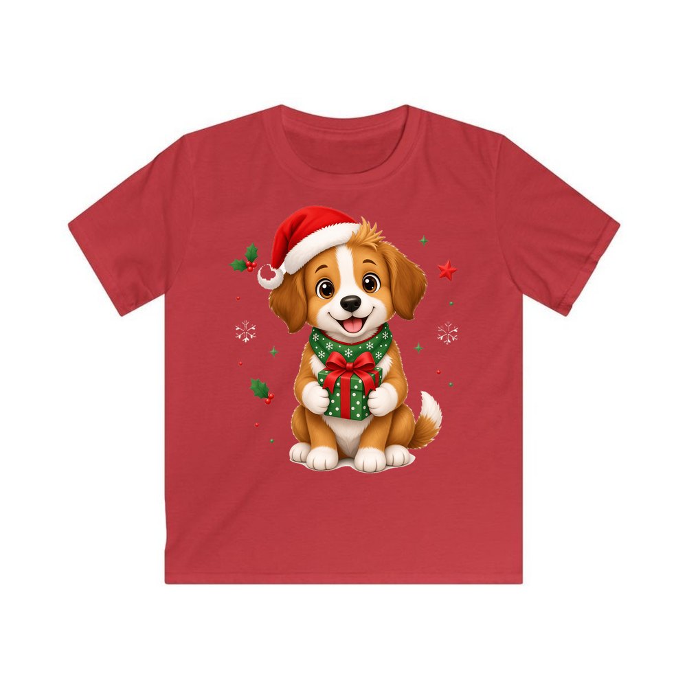 Puppy with Christmas Present personalised kids Christmas tee in red