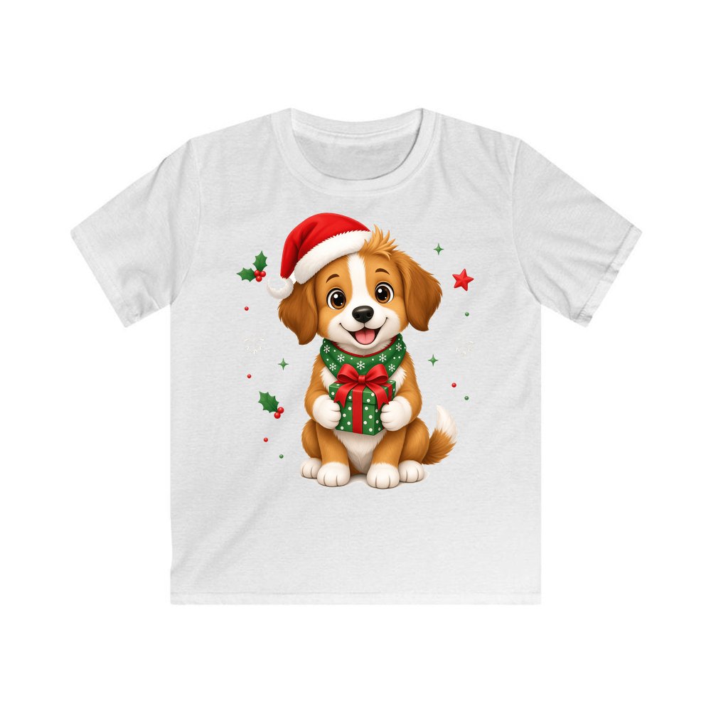 Puppy with Christmas Present personalised kids Christmas tee in white