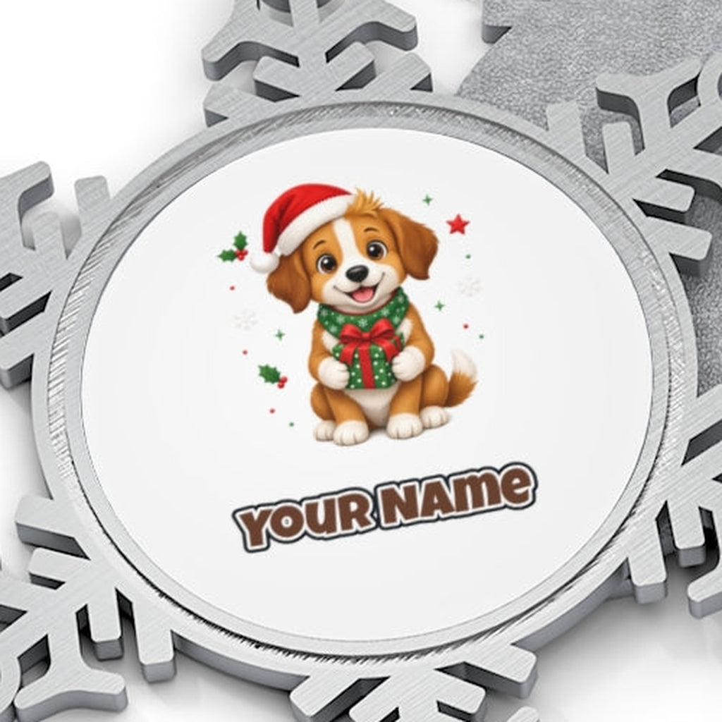 Puppy with Christmas Present Personalised Pewter Christmas Ornament