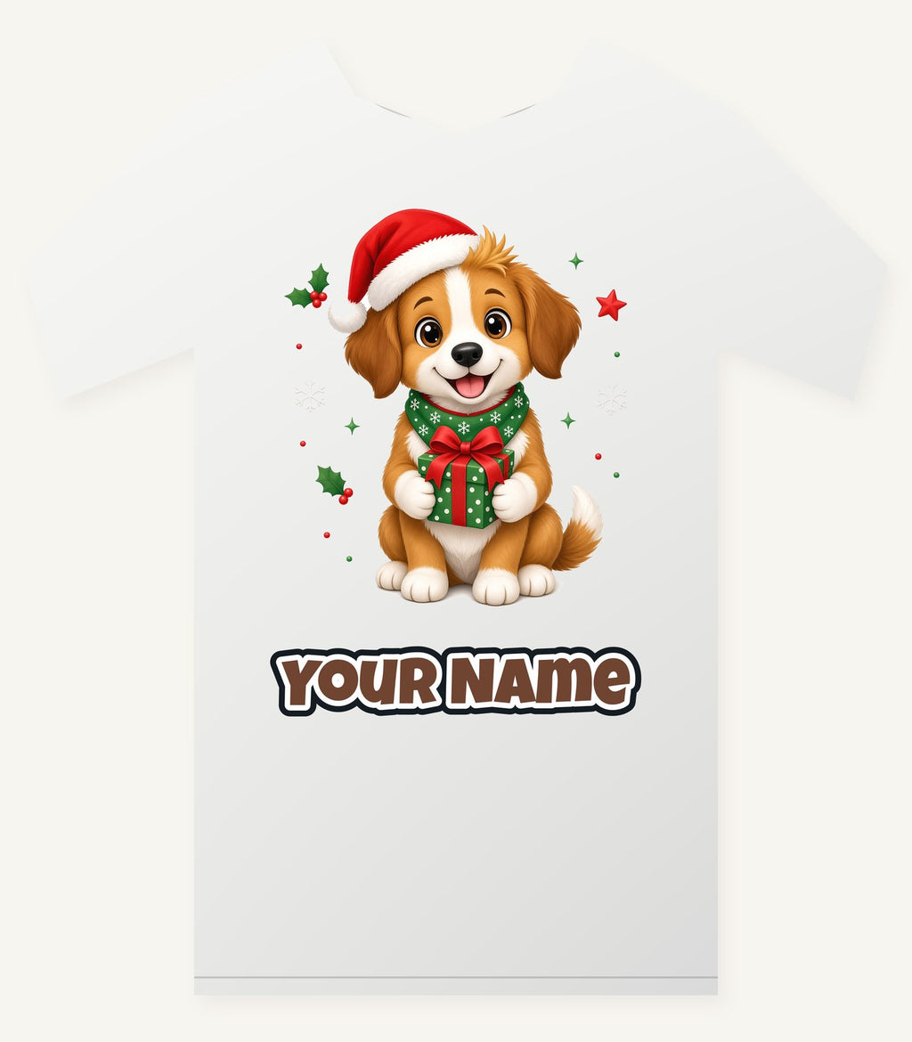 Puppy with Christmas Present Personalised Christmas T-Shirt and Hoodie