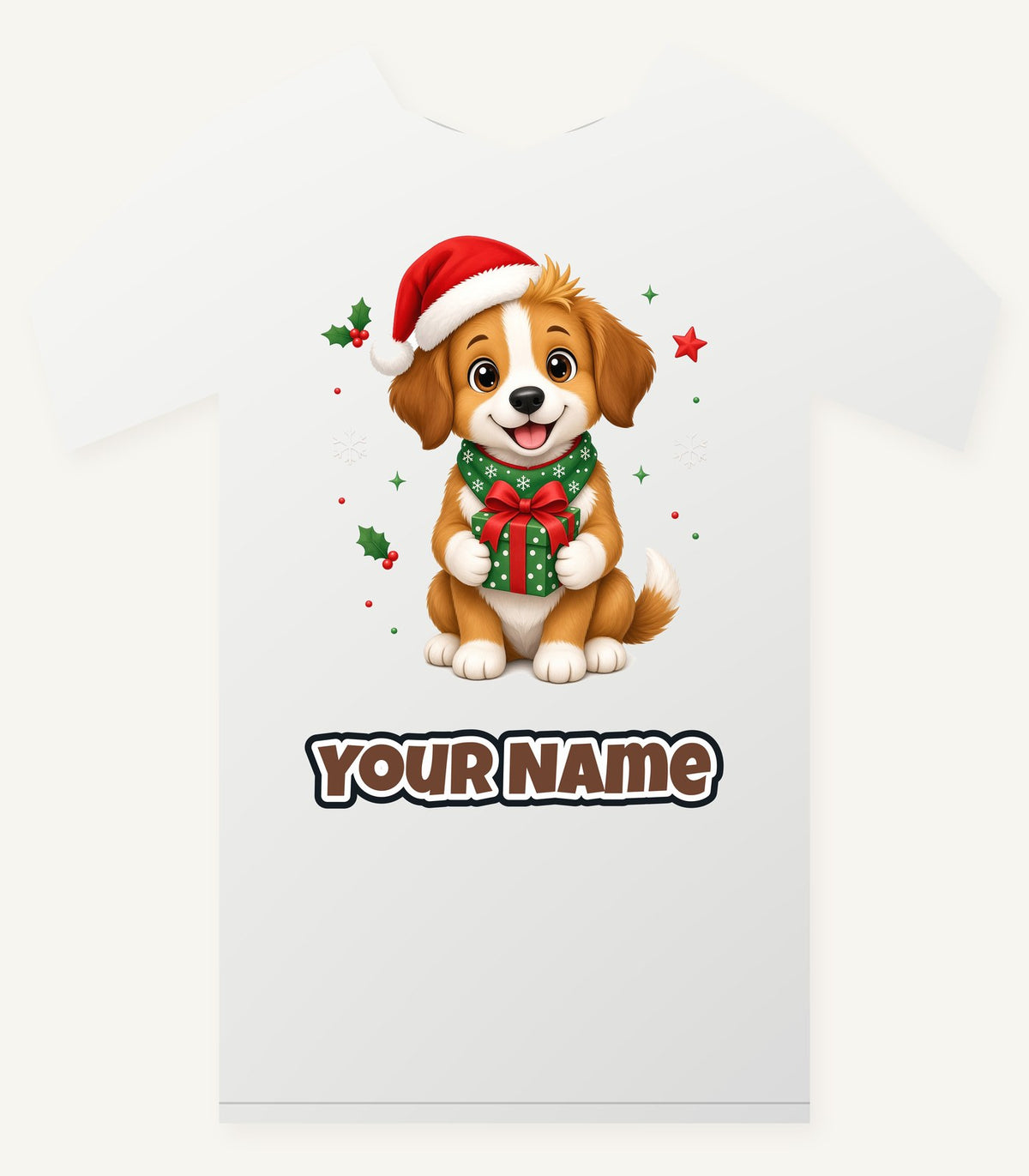 Puppy with Christmas Present Personalised Christmas T-Shirt and Hoodie