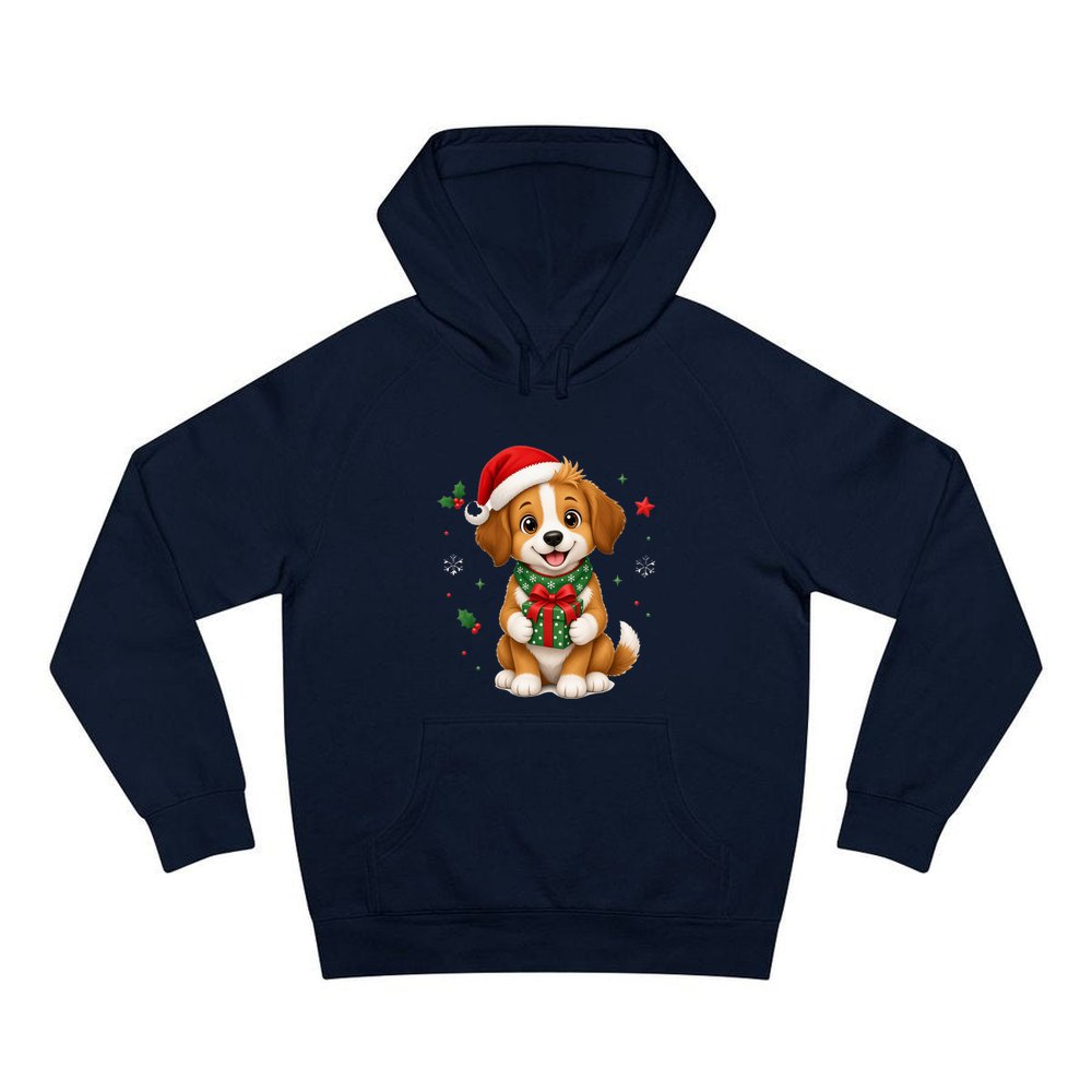 Puppy with Christmas Present personalised Christmas hoodie in navy