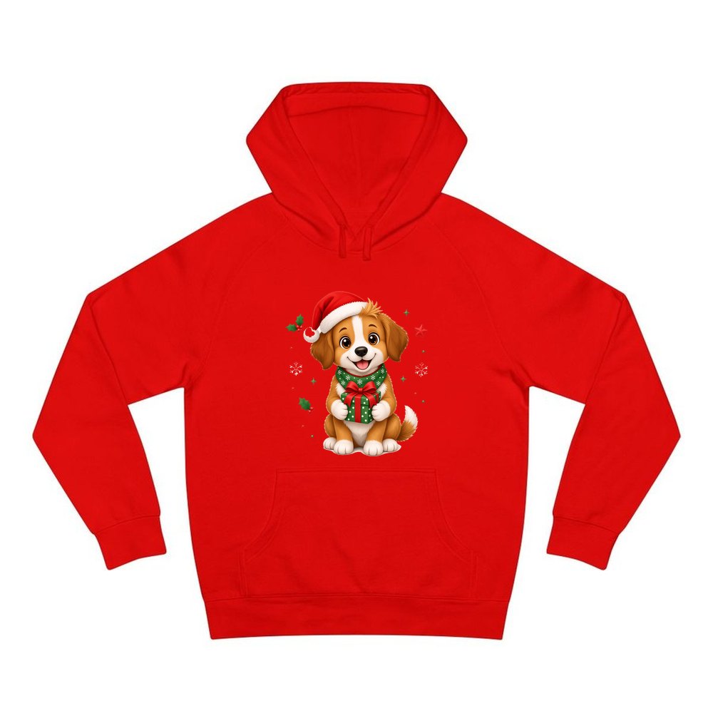 Puppy with Christmas Present personalised Christmas hoodie in red