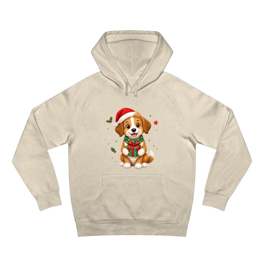 Puppy with Christmas Present personalised Christmas hoodie in sand