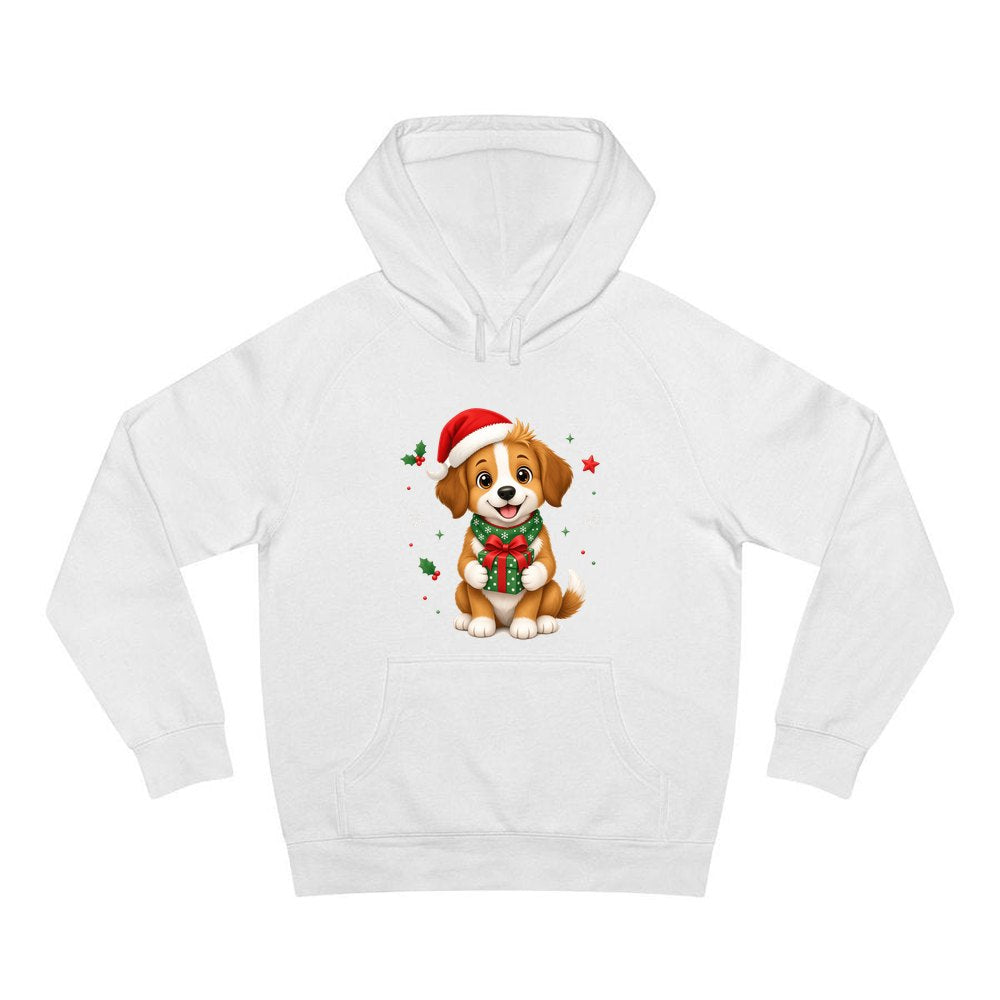 Puppy with Christmas Present personalised Christmas hoodie in white