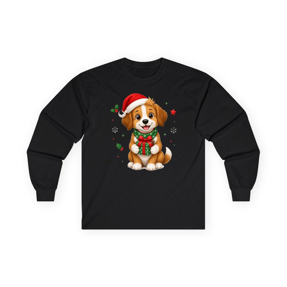 Puppy with Christmas Present personalised long sleeve Christmas T-shirt in black