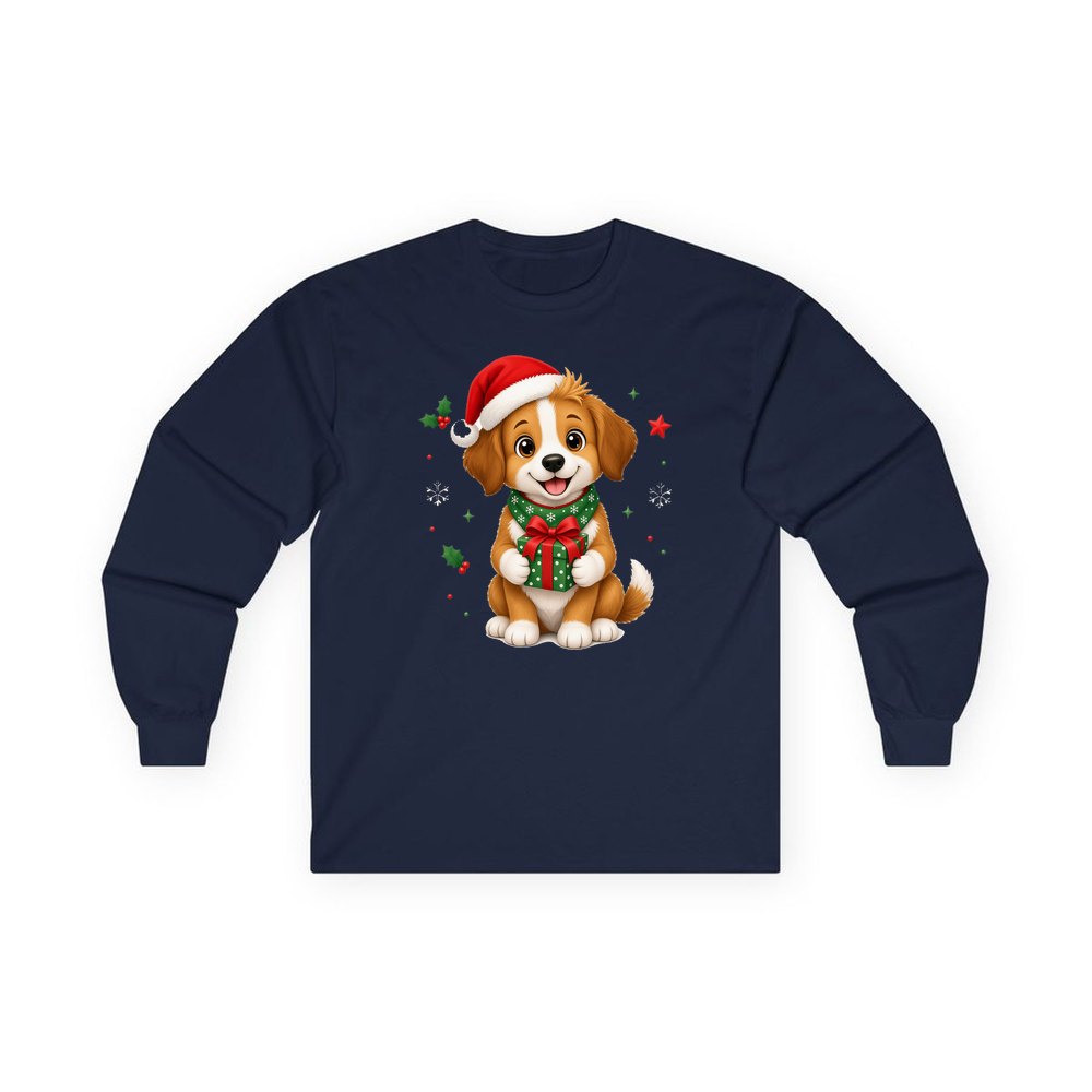 Puppy with Christmas Present personalised long sleeve Christmas T-shirt in navy