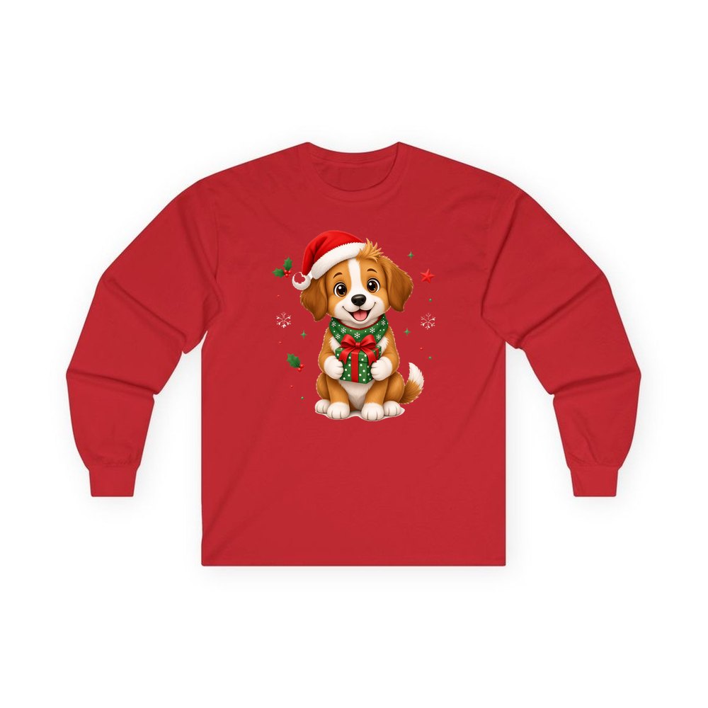 Puppy with Christmas Present personalised long sleeve Christmas T-shirt in red