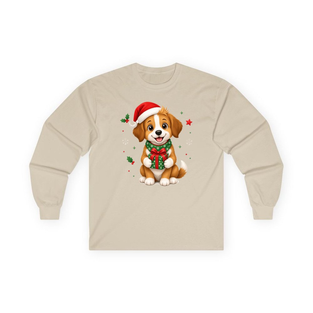 Puppy with Christmas Present personalised long sleeve Christmas T-shirt in sand