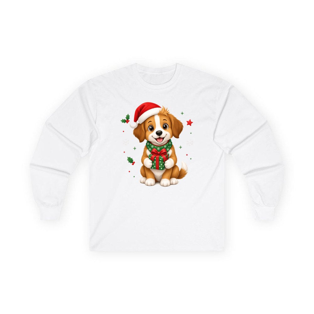 Puppy with Christmas Present personalised long sleeve Christmas T-shirt in white