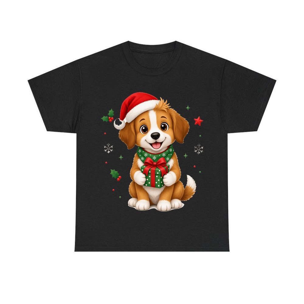 Puppy with Christmas Present personalised Christmas T-shirt in black