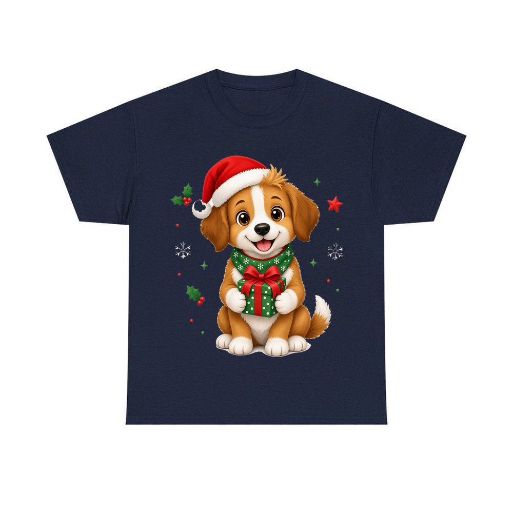 Puppy with Christmas Present personalised Christmas T-shirt in navy