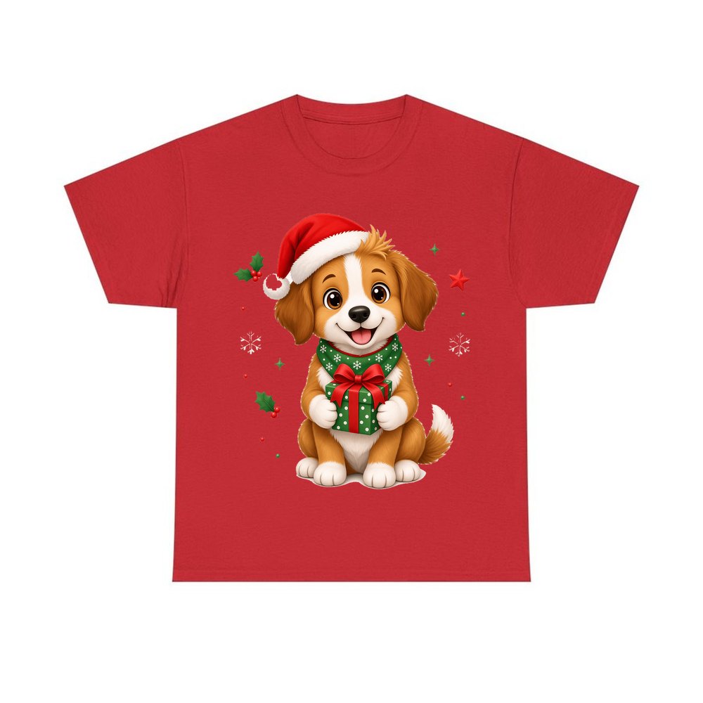 Puppy with Christmas Present personalised Christmas T-shirt in red