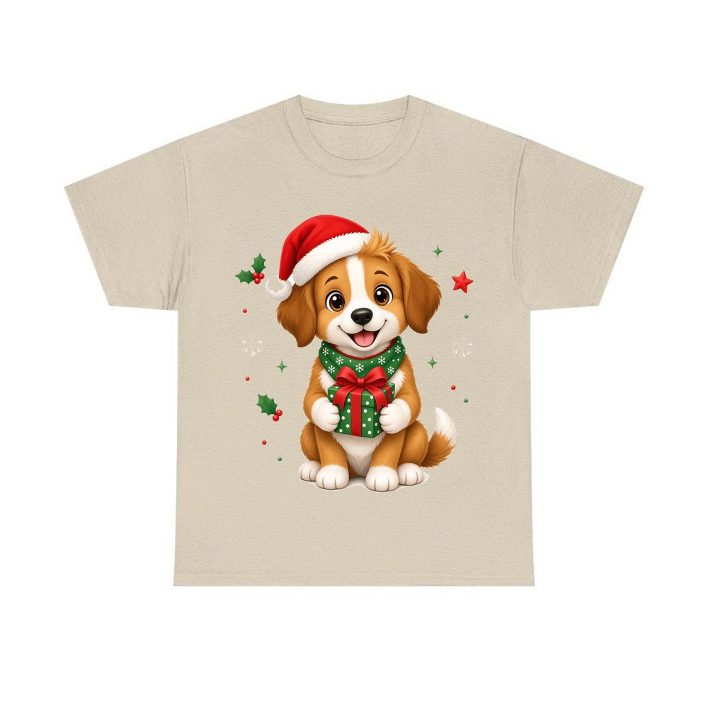 Puppy with Christmas Present personalised Christmas T-shirt in sand