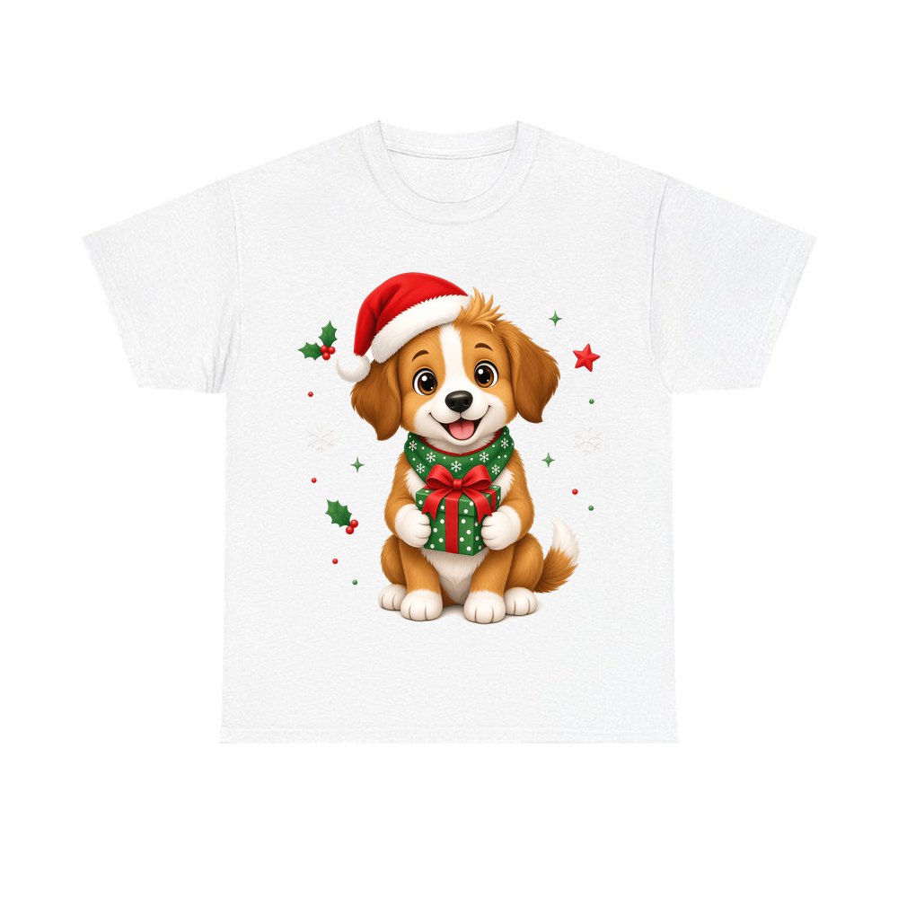 Puppy with Christmas Present personalised Christmas T-shirt in white