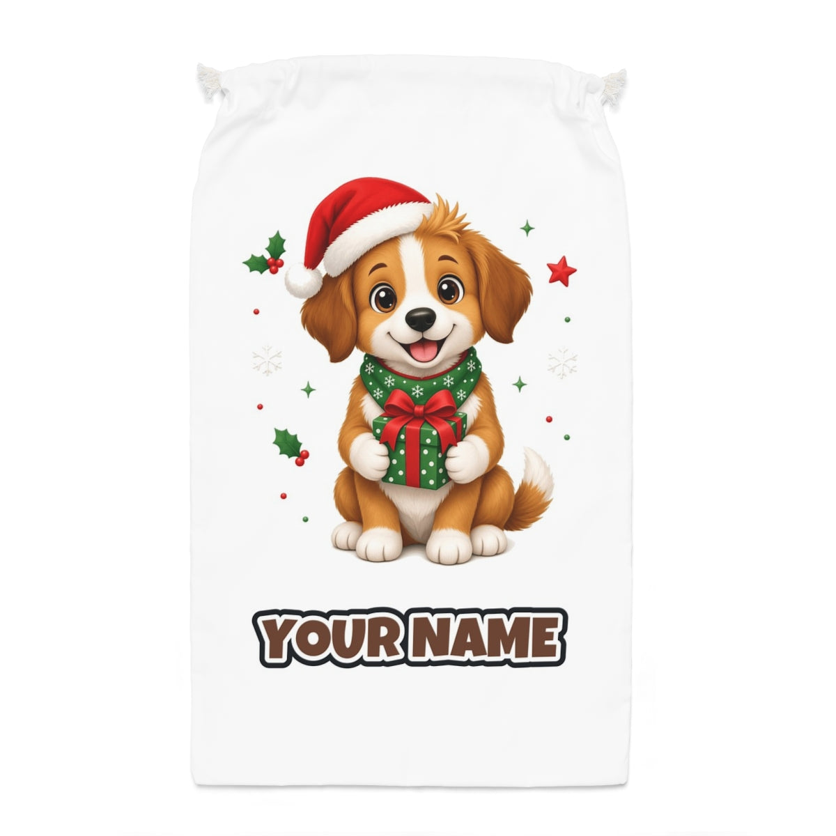 Puppy with Christmas Present Santa sack laid flat, showing the full print