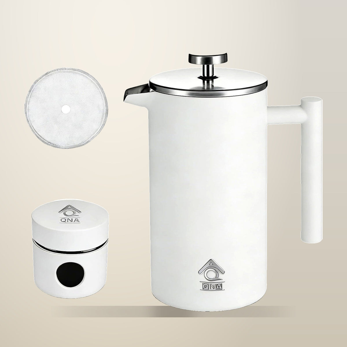 QNA French Press Gift Set with Coffee Canister, 350 ml, on a plain cream background