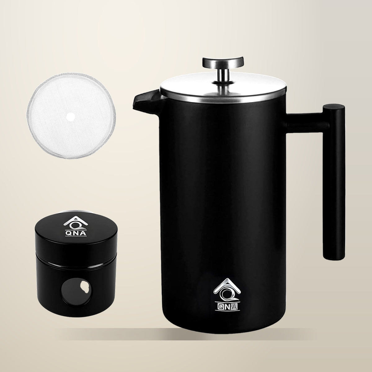 QNA French Press Gift Set with Coffee Canister, Black, 350 ml, on a plain cream background
