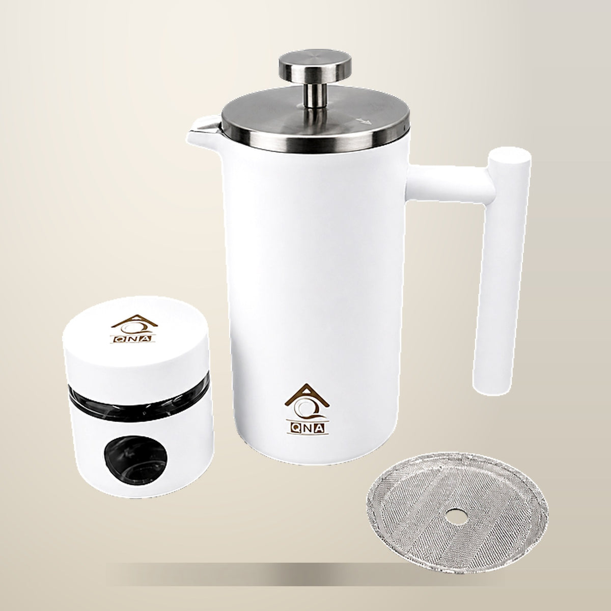 QNA French Press Gift Set with Coffee Canister, White, 1000 ml, on a plain cream background