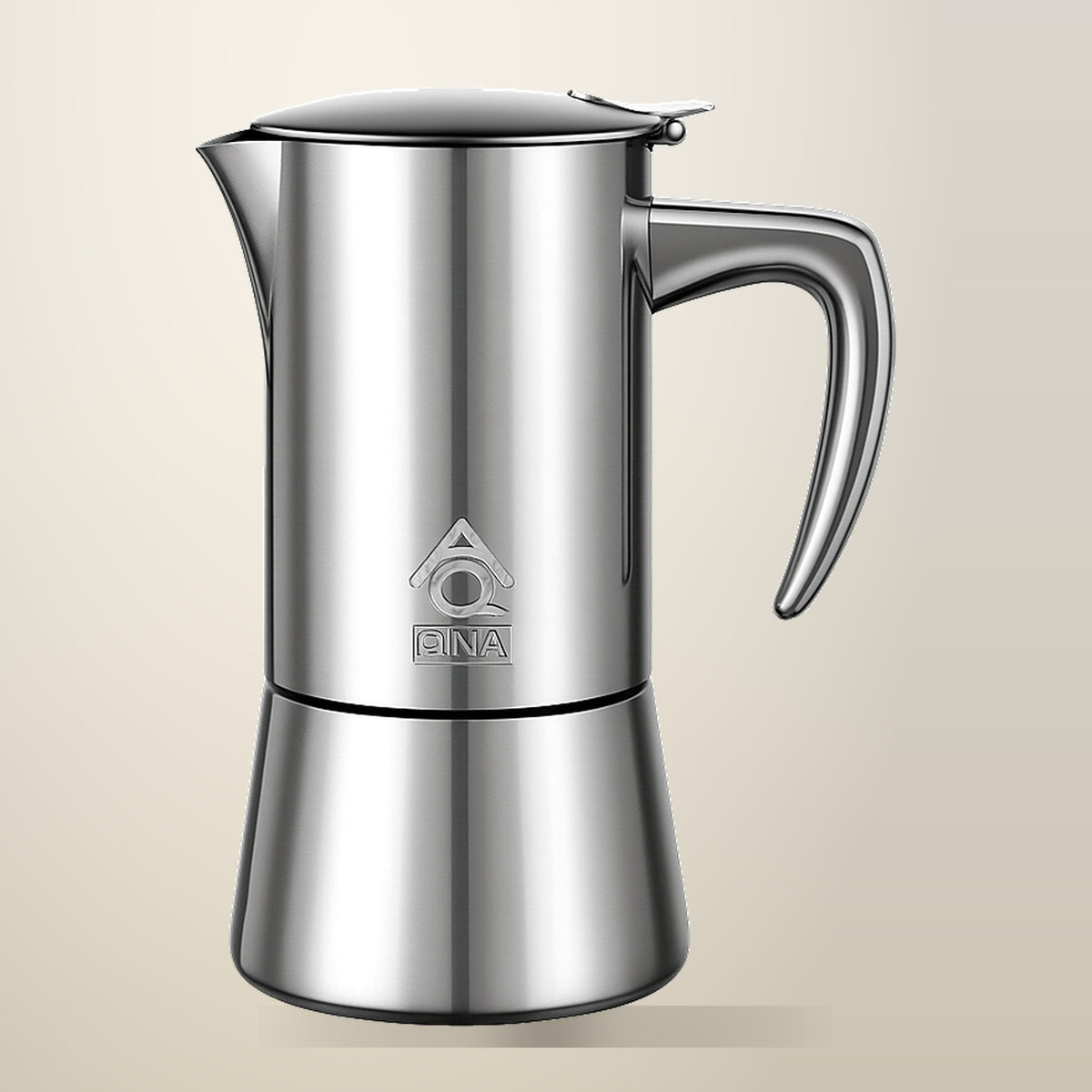 QNA Stainless Steel Moka Pot Coffee Maker, 6 Cup, on a plain cream background