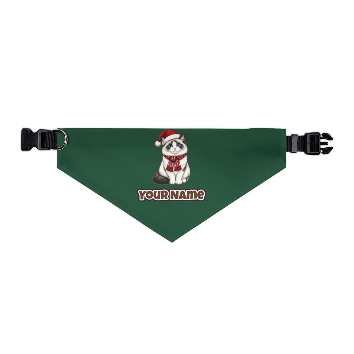 Ragdoll personalised Christmas pet bandana in green, collar with buckle