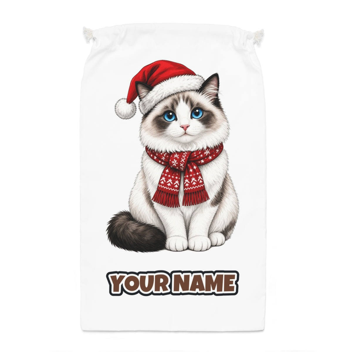 Ragdoll Santa sack laid flat, showing the full print