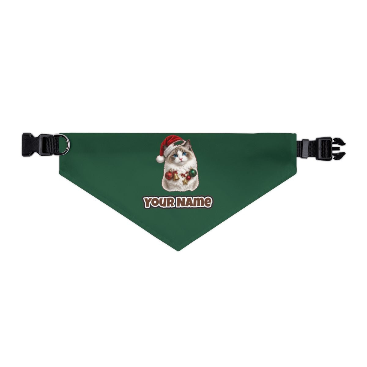 Ragdoll with Baubles personalised Christmas pet bandana in green, collar with buckle