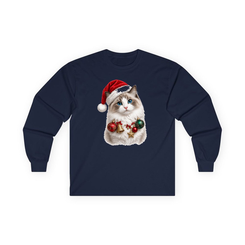 Ragdoll with Baubles personalised long sleeve Christmas T-shirt in navy