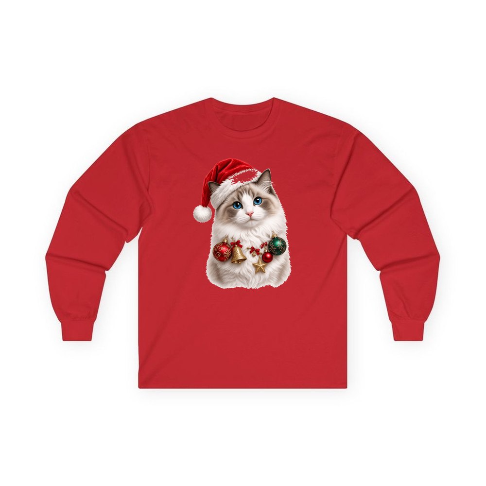 Ragdoll with Baubles personalised long sleeve Christmas T-shirt in red