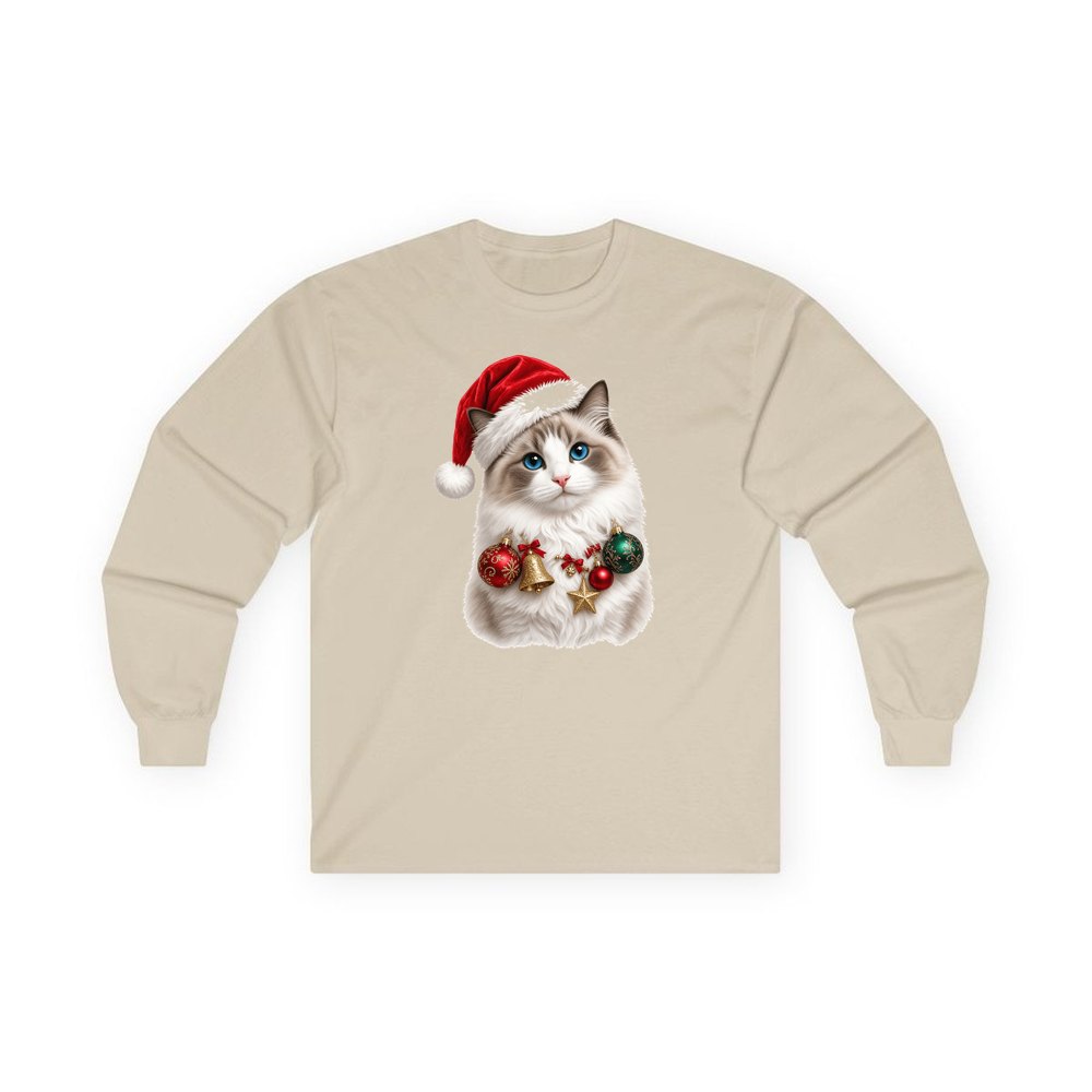 Ragdoll with Baubles personalised long sleeve Christmas T-shirt in sand