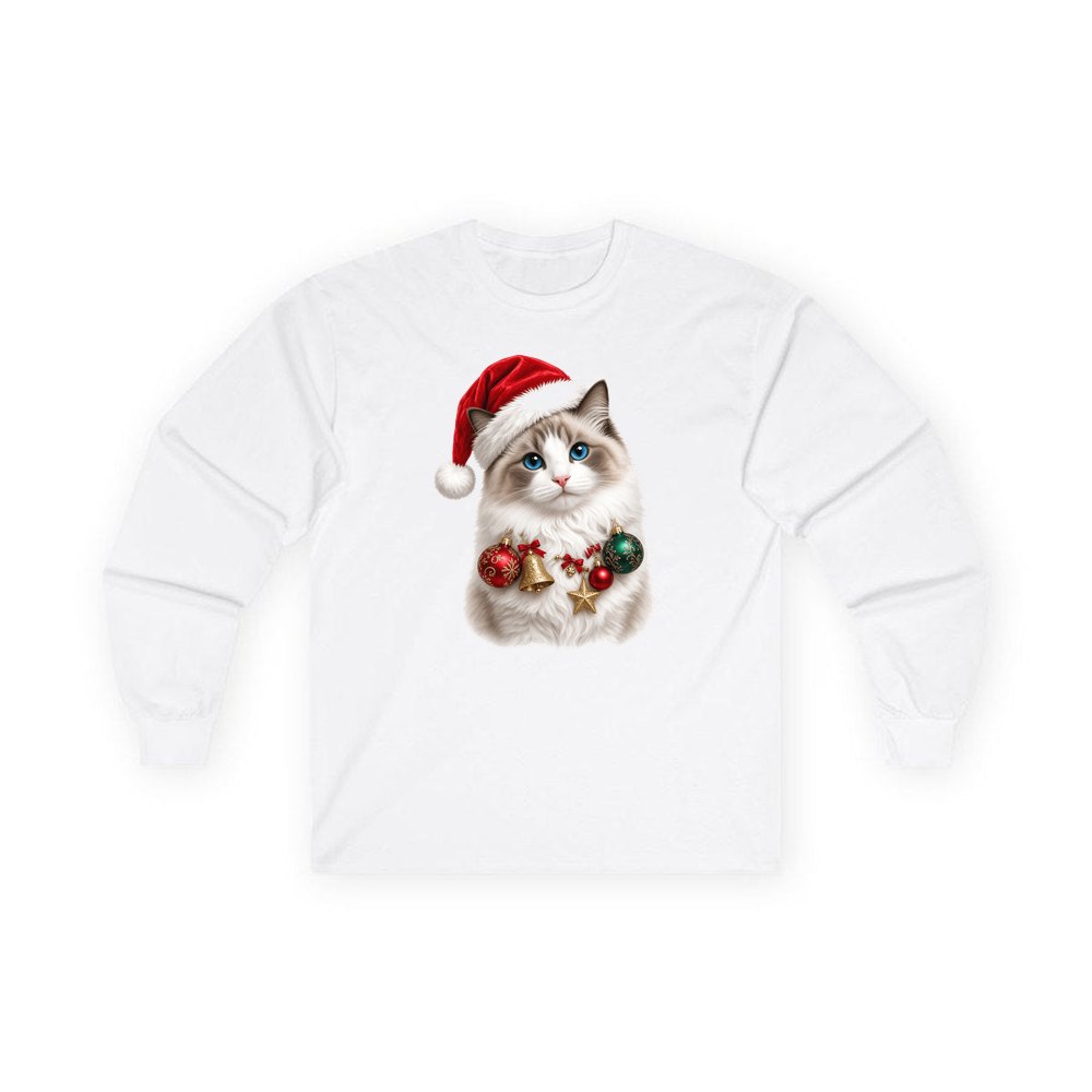Ragdoll with Baubles personalised long sleeve Christmas T-shirt in white