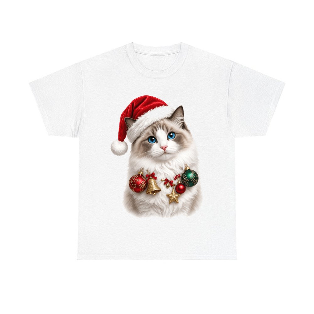 Ragdoll With Baubles design on a white tee