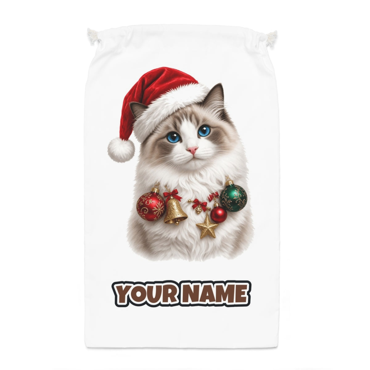 Ragdoll with Baubles Santa sack laid flat, showing the full print