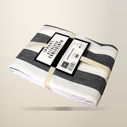 Rans Alfresco Stripes Cotton Tablecloth, Black, on a plain cream background