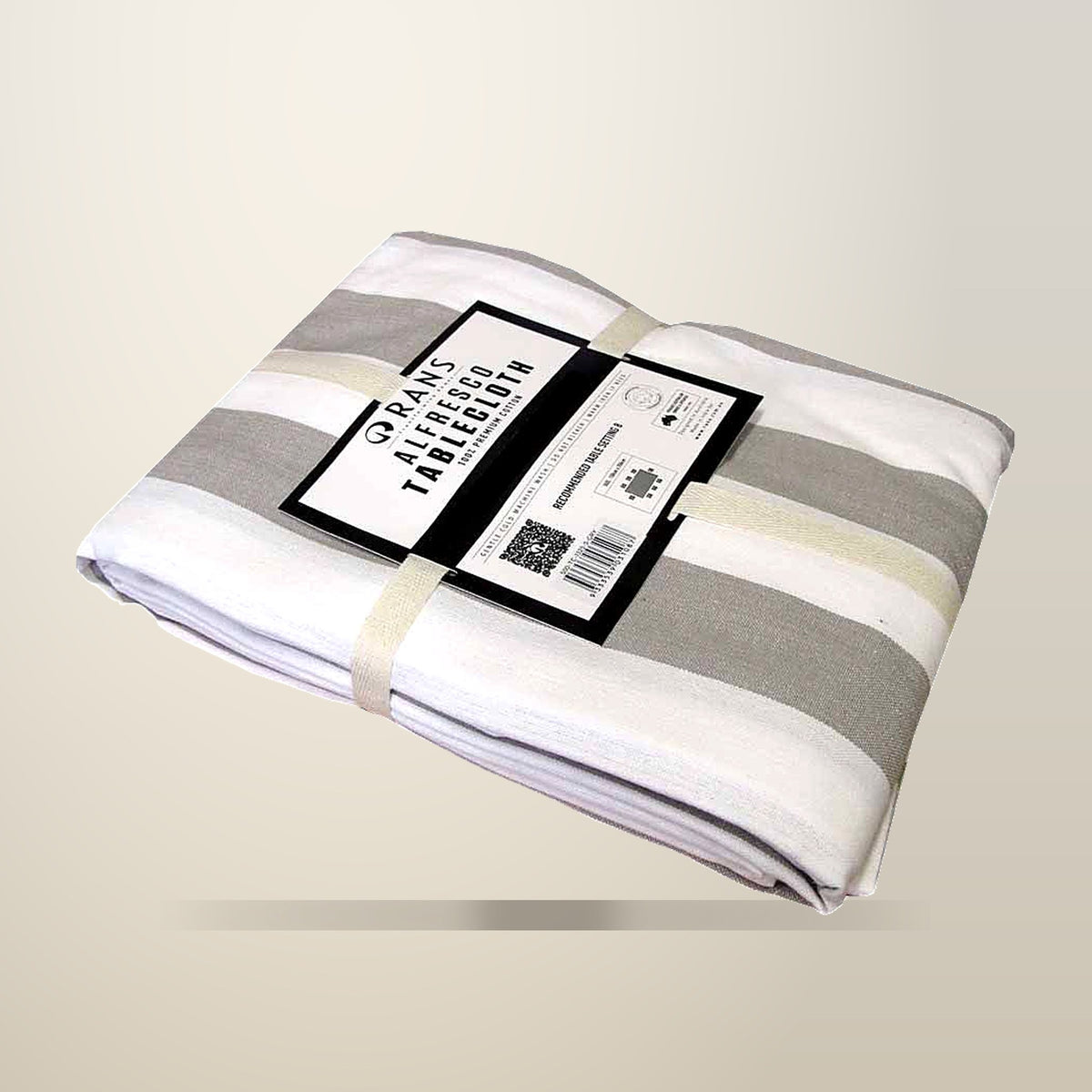 Rans Alfresco Stripe Cotton Tablecloth, Grey, on a plain cream background