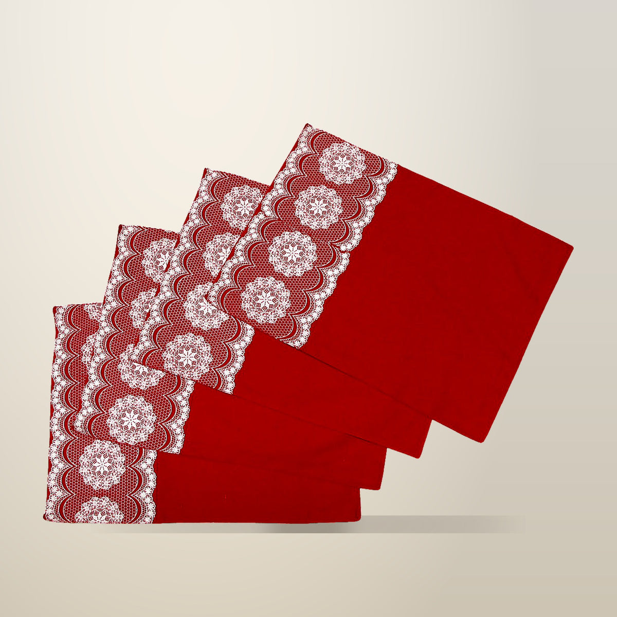 Rapee Cotton Lacey Red Table Placemats, Set of 4, 33 x 45 cm, on a plain cream background
