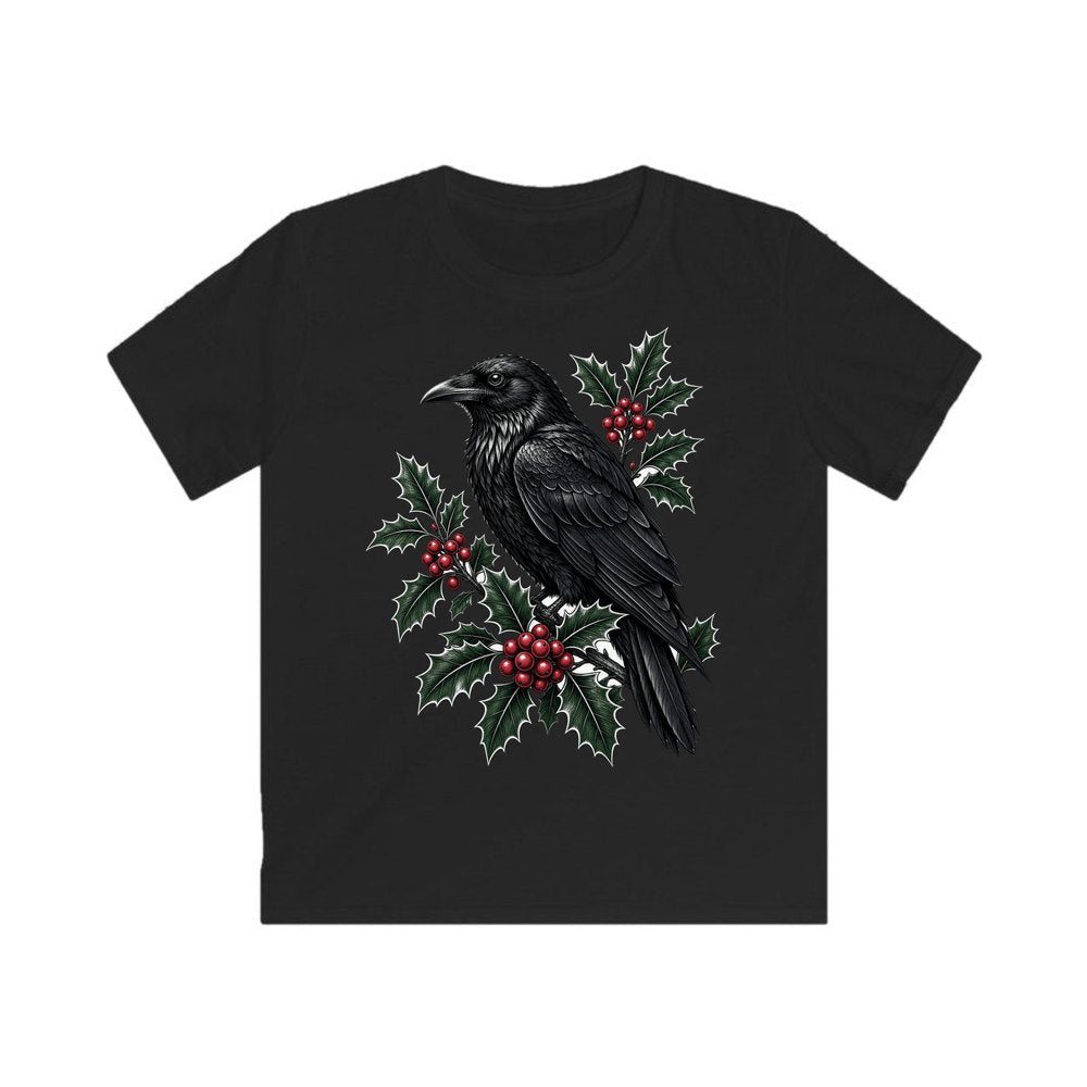Raven on Holly Branch personalised kids Christmas tee in black