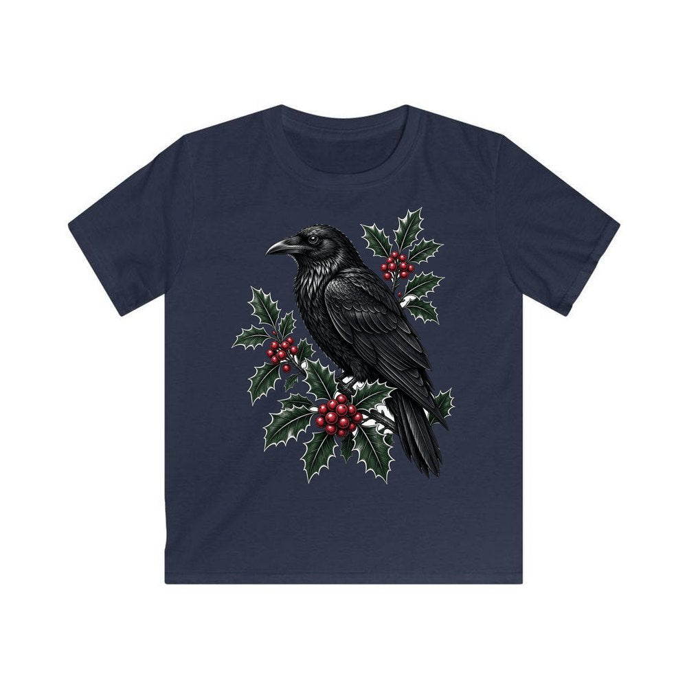 Raven on Holly Branch personalised kids Christmas tee in navy