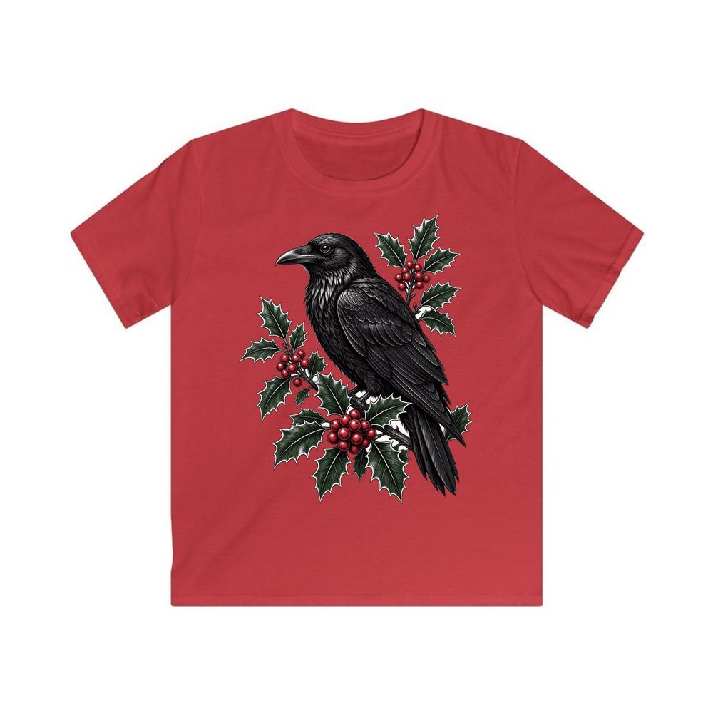 Raven on Holly Branch personalised kids Christmas tee in red