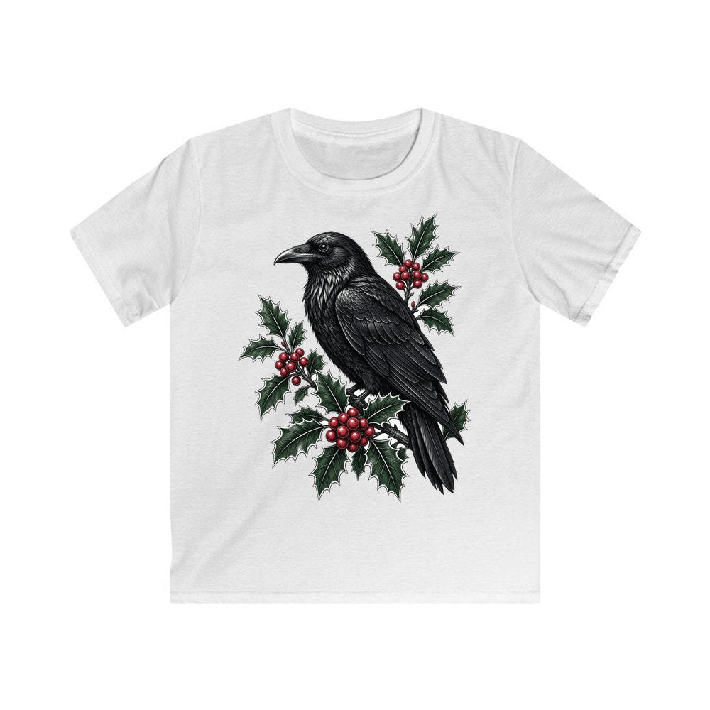 Raven on Holly Branch personalised kids Christmas tee in white
