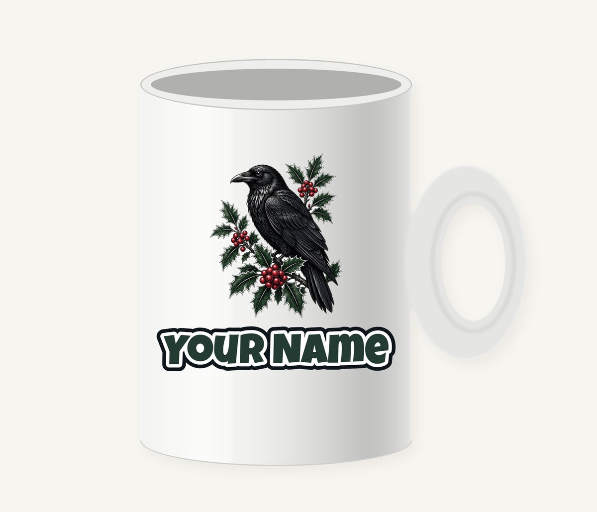 Raven on Holly Branch Personalised Christmas Mug
