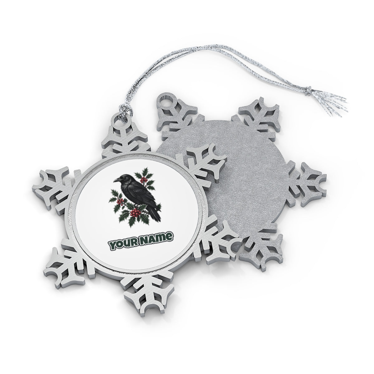 Raven on Holly Branch Personalised Pewter Christmas Ornament