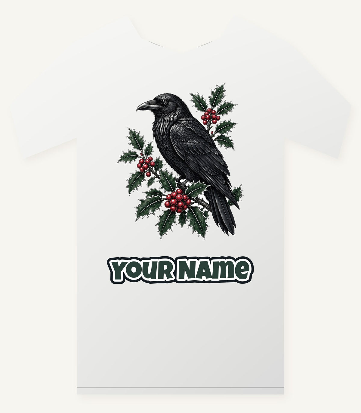 Raven on Holly Branch Personalised Christmas T-Shirt and Hoodie