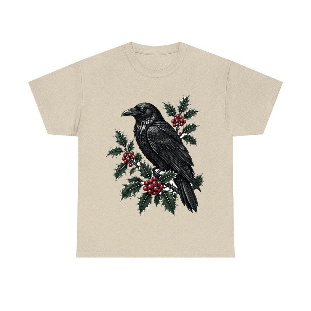 Raven on Holly Branch personalised Christmas T-shirt in sand