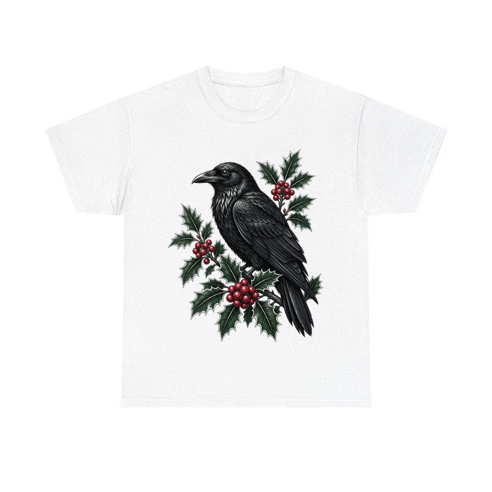 Raven on Holly Branch personalised Christmas T-shirt in white